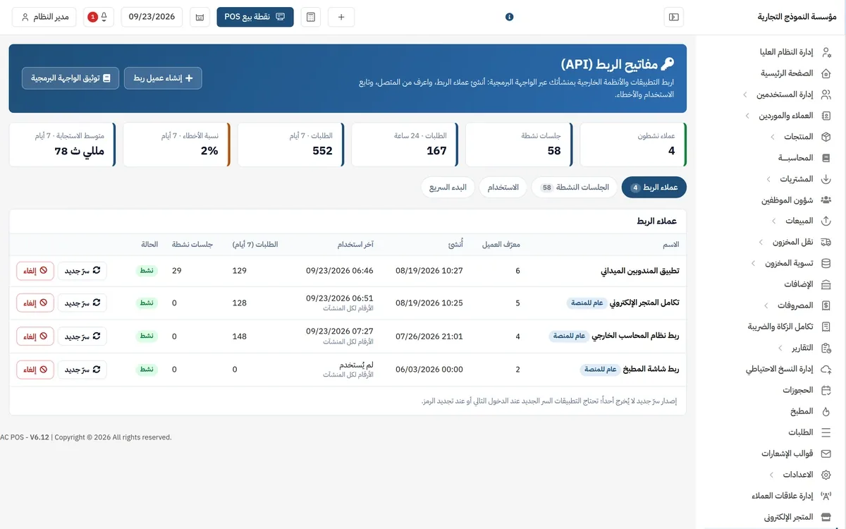 The API keys screen: active clients, sessions, 7-day and 24-hour request counts, a 2% error rate and a 78 ms average response time, over the client table with rotate-secret and revoke buttons.
